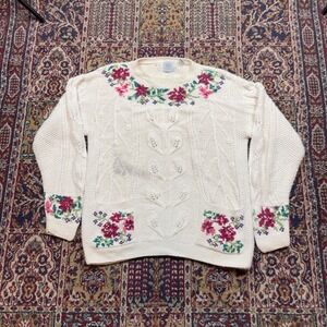VTG 80s Cape Isle Knitters Cream Cable Knit Floral Pattern Pocket Sweater M flaw